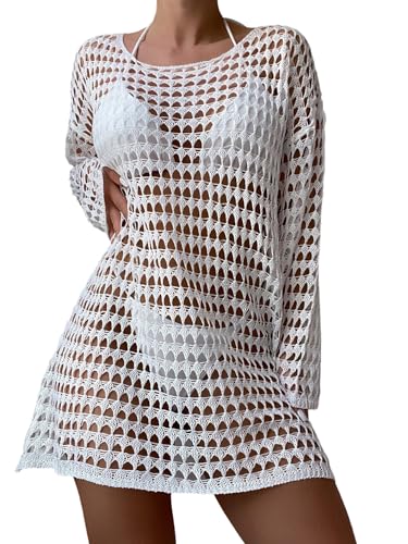 GORGLITTER Damen Cover Up Kleid Langarm Häkelkleid U Ausschnitt Strandponcho Durchsichtige Strandkleider Boho Bikini Cover Up mit Loch Strand Outfits Beachwear Weiß M von GORGLITTER
