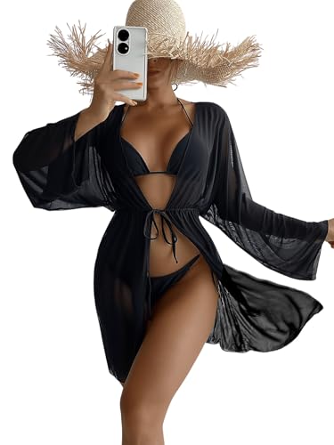 GORGLITTER Damen Cover Up Kleid Langarm Strandkleider Kurz Sommerkleid Halb Durchsichtig Strandkimono mit Band vorn Boho Bikini Cover Up Strandponcho Strandmode Schwarz S von GORGLITTER