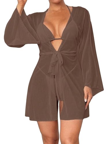 GORGLITTER Damen Cover Up Rock Kimono Laterne Ärmel Transparent Kimono Strandbluse mit Bindeband Einfarbig Sommer Hemdkleid Bikini Cover up Braun L von GORGLITTER