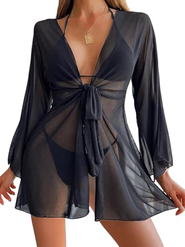 GORGLITTER Damen Cover Up Rock Kimono Laterne Ärmel Transparent Kimono Strandbluse mit Bindeband Einfarbig Sommer Hemdkleid Bikini Cover up Schwarz S von GORGLITTER