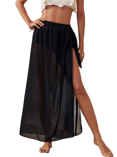 GORGLITTER Damen Cover-Up Rock Langer Strandrock mit Schlitz Knoten Sommerrock Chiffon Urlaubsrock Boho Bikini Cover Up Durchsichtig Röcke Strand Outfits Schwarz M von GORGLITTER