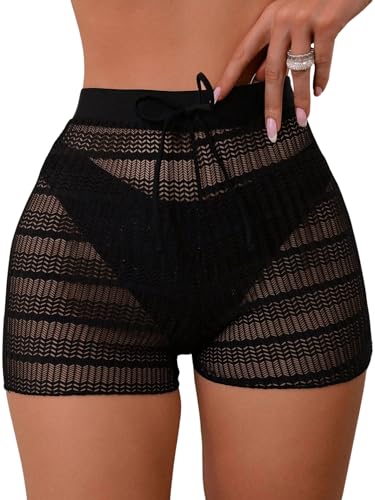 GORGLITTER Damen Cover Up Short Strandshort Haken Cover-up Strandhose Sarong Crochet Shorts für Badehose Schwarz L von GORGLITTER