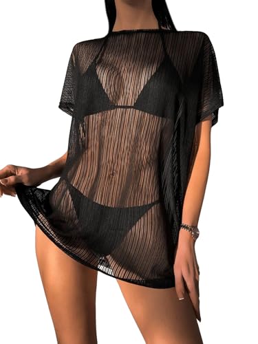 GORGLITTER Damen Cover Up Sommer Transparente Mesh Kurzarm Oberteile Langes Strandtop Durchsichtig Strandbluse Sommershirt Kurzarmshirt Schwarz L von GORGLITTER