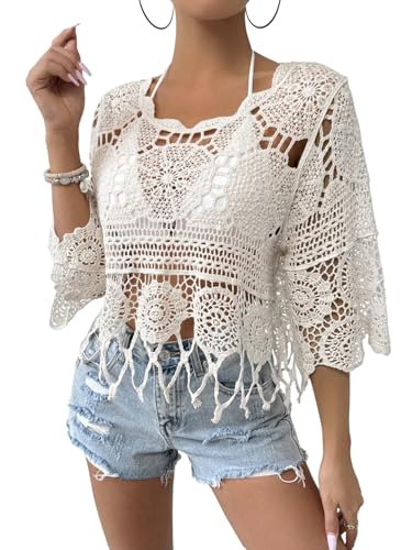 GORGLITTER Damen Cover Up Strandtop Boho Häkeltop Langarm Oberteile Rundkragen Strandbluse Locker Bikini Cover Up Durchsichtig Blusenshirt Strandmode Aprikosenfarben M von GORGLITTER