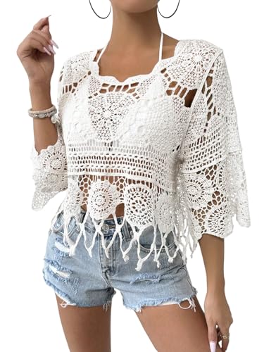GORGLITTER Damen Cover Up Strandtop Boho Häkeltop Langarm Oberteile Rundkragen Strandbluse Locker Bikini Cover Up Durchsichtig Blusenshirt Strandmode Weiß M von GORGLITTER