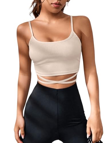 GORGLITTER Damen Criss Cross Crop Top Spaghetti Bauchfrei Oberteil Shirt Kurz Cami Tops mit Band Khaki M von GORGLITTER