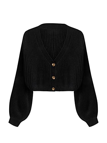 GORGLITTER Damen Crop Cardigan V-Ausschnitt Kurze Strickjacke Pullover Pulli Dünne Jacke mit Knöpfen vorne Schwarz S von GORGLITTER