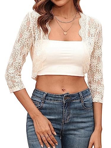 GORGLITTER Damen Crop Cardigan offener Front Kurze Spitzen Jacke 3/4 Arm Jäckchen mit Spitzen Aprikosenfarben XL von GORGLITTER