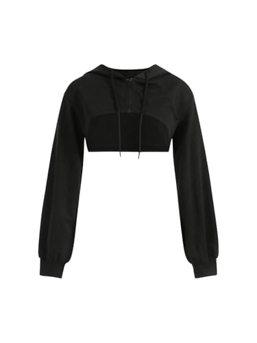 GORGLITTER Damen Crop Hoodie Pullover Sehr Kurz Cool Sweatshirts Langarm Kapuzenpullover Cut Outs Shirts mit Kapuze Schwarz XS von GORGLITTER