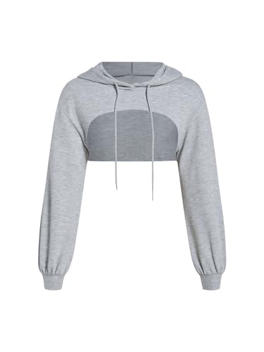 GORGLITTER Damen Crop Hoodie Pullover Sehr Kurz Sweatshirts Langarm Pulli Rundkragen Cut Outs Shirts mit Kapuze Hellgrau XS von GORGLITTER