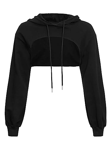 GORGLITTER Damen Crop Hoodie Pullover Sehr Kurz Sweatshirts Langarm Pulli Rundkragen Cut Outs Shirts mit Kapuze Schwarz M von GORGLITTER