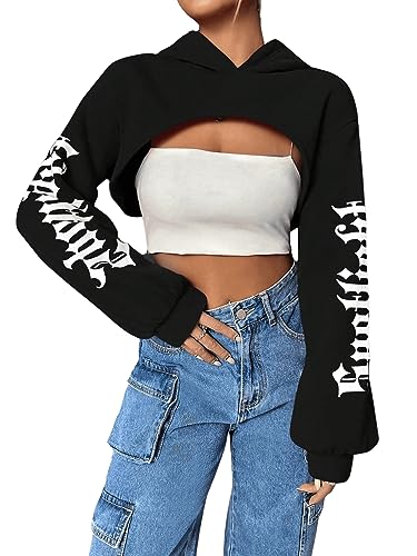 GORGLITTER Damen Crop Hoodie Pullover Sehr Kurz Sweatshirts Langarm Pulli Rundkragen Cut Outs Shirts mit Kapuze Schwarz und Weiß L von GORGLITTER