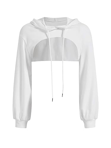 GORGLITTER Damen Crop Hoodie Pullover Sehr Kurz Sweatshirts Langarm Pulli Rundkragen Cut Outs Shirts mit Kapuze Weiß M von GORGLITTER