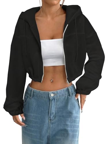 GORGLITTER Damen Crop Hoodie Y2K Kapuzenjacke Bauchfrei Jacke mit Kapuze Sweatjacke Langarm Kurz mit Reißverschluss Streatwear Herbst Outfit Schwarz M von GORGLITTER