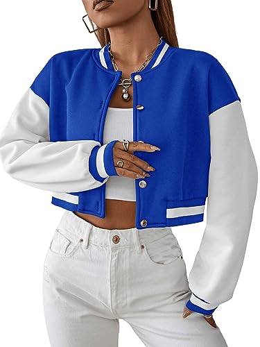 GORGLITTER Damen Crop Jacke Drop Shoulder Bomberjacke Baseball-Kragen Kurz Sweatshirts Farbblock Jacken Blau und Weiß M von GORGLITTER
