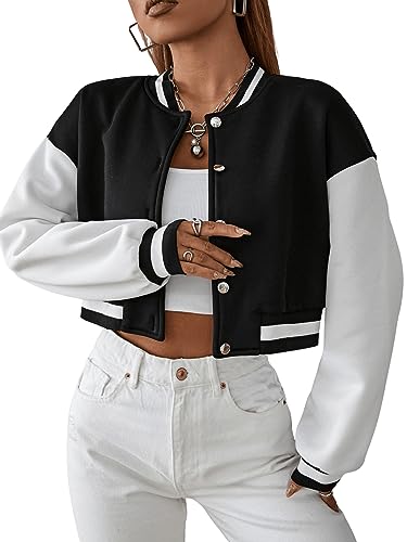 GORGLITTER Damen Crop Jacke Drop Shoulder Bomberjacke Baseball-Kragen Kurz Sweatshirts Farbblock Jacken Schwarz L von GORGLITTER