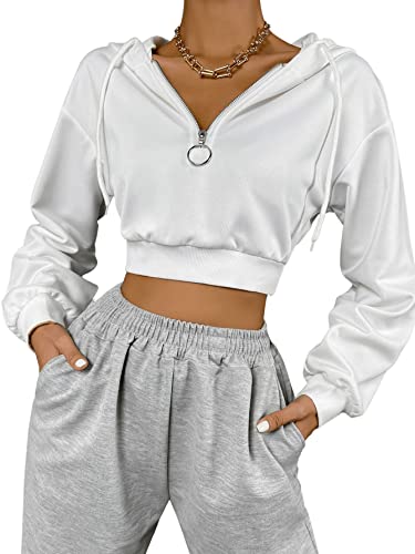 GORGLITTER Damen Crop Kapuzen Pullover Hoodie Sweatshirt mit Halbem Zip Bauchfrei Herbst Kapuzenpullover Weiß L von GORGLITTER