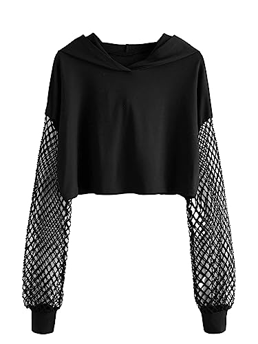 GORGLITTER Damen Crop Kapuzenpullover Hoodie mit Fischnetz Ärmel Pullover Kapuzen Leicht Pulli Langarmshirt Schwarz M von GORGLITTER