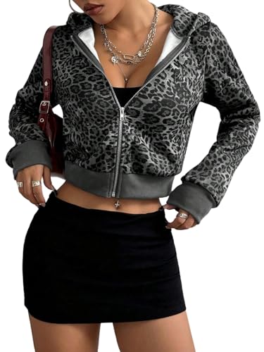GORGLITTER Damen Crop Kapuzenpullover Sweatjacke Leopardenmuster Kurz Langarm Kapuzenjacke Hoodie mit Kapuze Y2k Jacke Crop Sweatshirt mit Reißverschluss Grau S von GORGLITTER