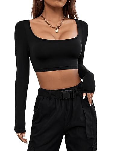 GORGLITTER Damen Crop Langarmshirt U-Ausschnitt Bauchfreies Oberteil Cropped T-Shirts Crop Tops Schwarz L von GORGLITTER