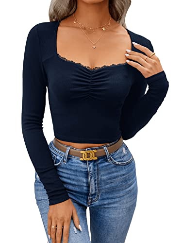 GORGLITTER Damen Crop Oberteil Herzausschnitt Langarmshirts Bauchfreies Tops T-Shirt mit Spitzenbesatz Marineblau XS von GORGLITTER