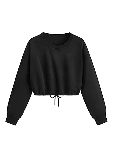 GORGLITTER Damen Crop Pulli Bauchfrei Sweatshirt Langarm Kurz Oberteile Langarmshirt Cropped Pullover mit Schnürzug Schwarz L von GORGLITTER