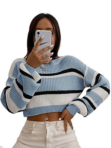 GORGLITTER Damen Crop Pullover Drop Shoulder Sweaters Farbblock Pulli Lässig Langarm Kurz Oberteile Herbst Tops Blau L von GORGLITTER