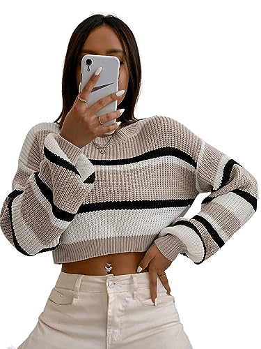 GORGLITTER Damen Crop Pullover Drop Shoulder Sweaters Farbblock Pulli Lässig Langarm Kurz Oberteile Herbst Tops Rosa M von GORGLITTER