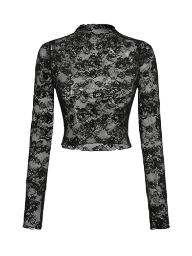 GORGLITTER Damen Crop Spitzentop Stehkragen Bauchfreies Oberteil Durchsichtige Spitze Langarmshirt Tops Schwarz L von GORGLITTER