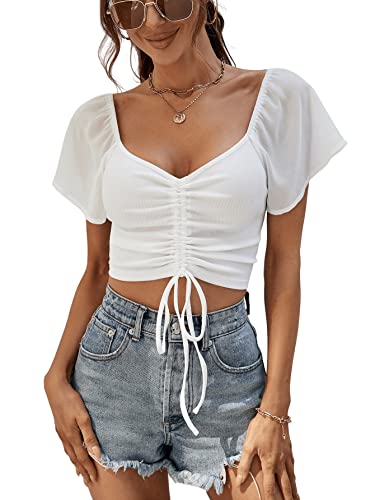 GORGLITTER Damen Crop T-Shirt Bauchfrei Cropshirt mit Ziehbändchen Oberteil Netzärmel Sommershirt mit Herzausschnitt Weiß S von GORGLITTER