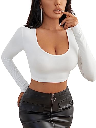 GORGLITTER Damen Crop T-Shirt Bauchfrei Oberteile U Ausschnitt Langarmshirt Cropped Shirt Weiß S von GORGLITTER