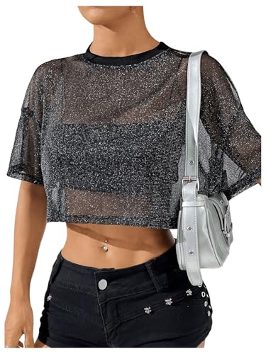 GORGLITTER Damen Crop T-Shirt Durchsichtig Mesh Oberteile Sommer Netzshirt Kurzarm Crop Tops Y2K Bauchfrei Sommershirt Schwarz L von GORGLITTER