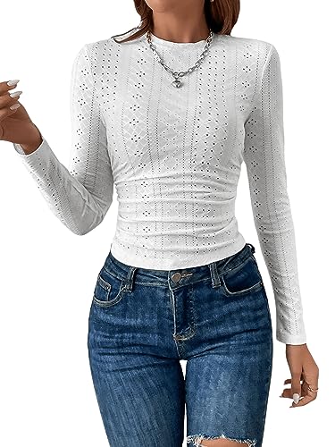 GORGLITTER Damen Crop T-Shirt Langarm Oberteile Öse Stickerei Herbst Langarmshirt Pullover Cropped Tops mit Rundhals Weiß L von GORGLITTER