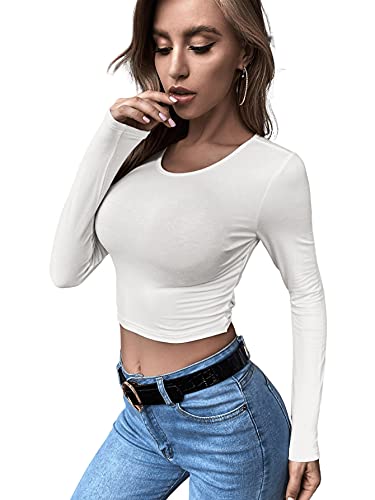 GORGLITTER Damen Crop T-Shirt Langarmshirt Slim Top mit Band Hinten Herbst Oberteil Rundhals Casual Shirts Weiß S von GORGLITTER