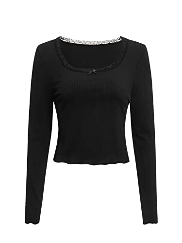 GORGLITTER Damen Crop T-Shirt U-Ausschhnitt Langarmshirt Casual Bauchfrei Oberteile Strick Tops mit Spitzen Schwarz XS von GORGLITTER