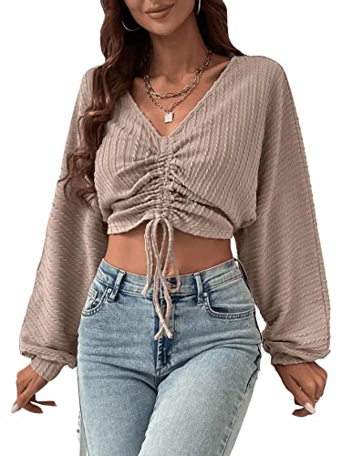 GORGLITTER Damen Crop T-Shirt V-Ausschnitt Bauchfrei Pullover Basic Langarm Shirts Cropped Pulli mit Schnürung Aprikosenfarben L von GORGLITTER