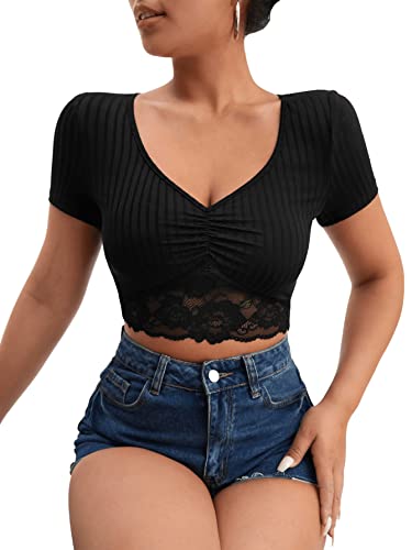 GORGLITTER Damen Crop T-Shirts Bauchfrei Kurzarm Tops mit Spizeneinsatz Sommer Cropshirt Casualshirt V Ausschnitt Schwarz M von GORGLITTER