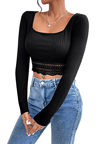 GORGLITTER Damen Crop T-Shirts Bauchfrei Langarm Tops mit Spizeneinsatz Schmal Cropshirt Langarmshirt Herbstshirt Pullover Schwarz S von GORGLITTER