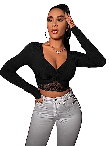 GORGLITTER Damen Crop T-Shirts mit Spizeneinsatz Bauchfrei Langarm Tops Tiefer V Ausschnitt Schmal Langarmshirt Herbstshirt Pullover Schwarz M von GORGLITTER