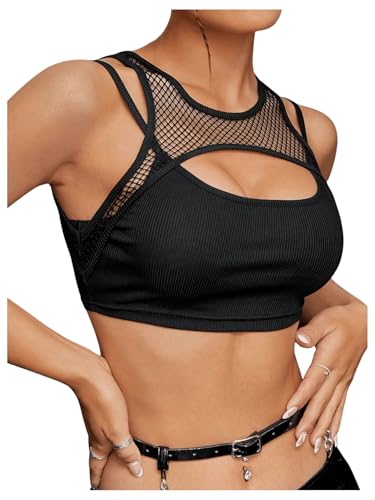 GORGLITTER Damen Crop Tank Top 2 in 1 Oberteil Bauchfrei Sport Tanktops Sommer Tops Cut Outs Mesh Crop Top Schwarz S von GORGLITTER