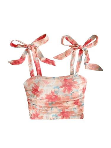 GORGLITTER Damen Crop Tank Top Bauchfreies Oberteil Crop Tops Sommer Camisole Mesh Tops Trägertop mit Blumenmuster Rosa M von GORGLITTER