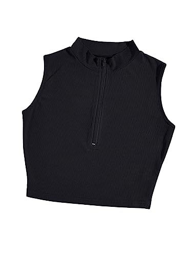 GORGLITTER Damen Crop Tank Top Casual Trägershirt Herbst Bauchfreies Tops Stehkragen Oberteile mit Reißverschluss Schwarz M von GORGLITTER