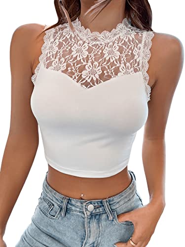 GORGLITTER Damen Crop Tank Top Casual Trägershirt Sommer Bauchfreies Tops Stehkragen Oberteile mit Luftspitze Weiß L von GORGLITTER