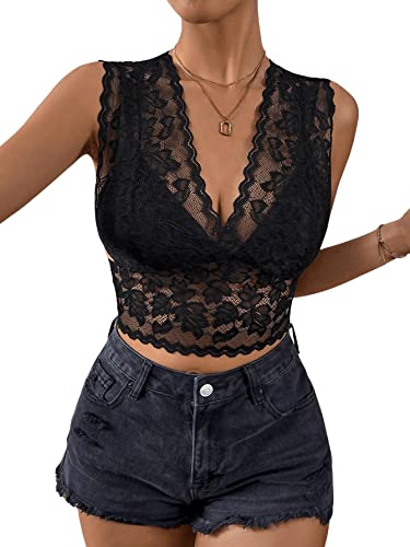 GORGLITTER Damen Crop Tank Top Casual Trägershirt Sommer Kurze Tops V Ausschnitt Oberteile mit Luftspitze Schwarz S von GORGLITTER
