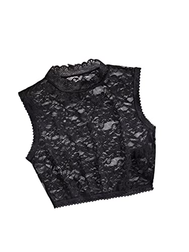 GORGLITTER Damen Crop Tank Top Stehkragen Spitzenshirt Bauchfrei Durchsichtig Oberteil Spitzen Tops Schwarz L von GORGLITTER