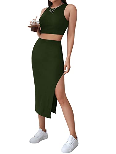 GORGLITTER Damen Crop Tank Top und Röcke 2 Piece Rock mit Schlitz und Bauchfrei Top Sets Kombi Zweiteilerset Outfit Dunkelgrün L von GORGLITTER