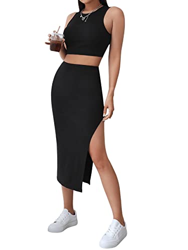 GORGLITTER Damen Crop Tank Top und Röcke 2 Piece Rock mit Schlitz und Bauchfrei Top Sets Kombi Zweiteilerset Outfit Schwarz S von GORGLITTER