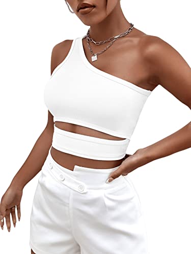 GORGLITTER Damen Crop Top Bauchfrei Sommertop Einschulterfrei Croptop Cut Outs Ärmllos T-Shirts Vest Festival Outfit Croptops für Party Weiß L von GORGLITTER