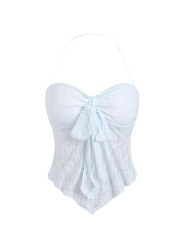 GORGLITTER Damen Crop Top Y2K Neckholder Tops Asymmetrisch Oberteil Trägershirt Transparent Sommer Träger-Top Blau XS von GORGLITTER
