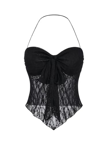 GORGLITTER Damen Crop Top Bauchfreie Tops Neckholder Spitzentops Asymmetrisch Cami Top Oberteil Trägertop mit Schleifen Schwarz M GORGLITTER Damen Crop Top Bauchfreie Tops Neckholder Spitzentops Asymmetrisch Cami Top Oberteil Trägertop mit Schleifen Schwarz M von GORGLITTER